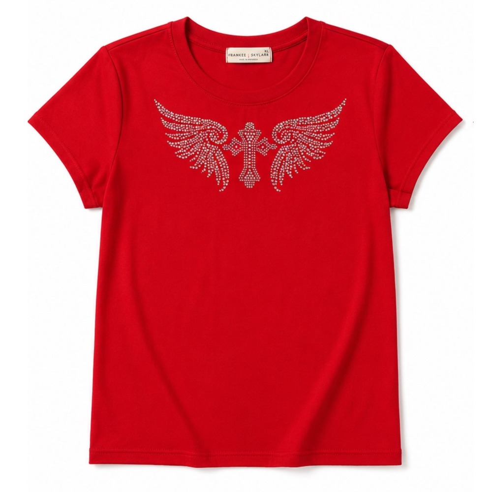 Frankee & Skylarr Red Rhinestone Angel Wings Cross Western Graphic Tee  Lg XL